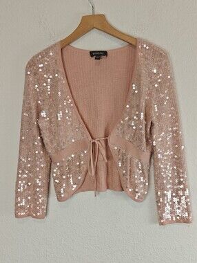 Bebe Y2K Pink Sequin Tie Front Cropped Cardigan Sweater Small Glam Party Top